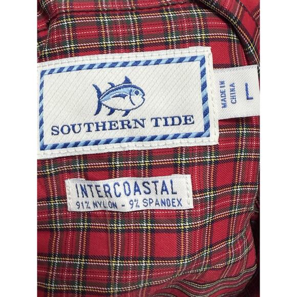 NEW Southern Tide Intercoastal Pleated Plaid Long Sleeve Button Shirt Red Sz L - Picture 2 of 3